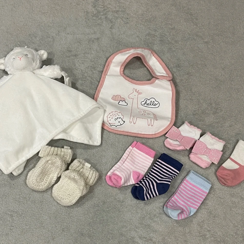 Baby girl Bundle Slippers, Socks, Bib and Blanket Lovey Pacifier Holder